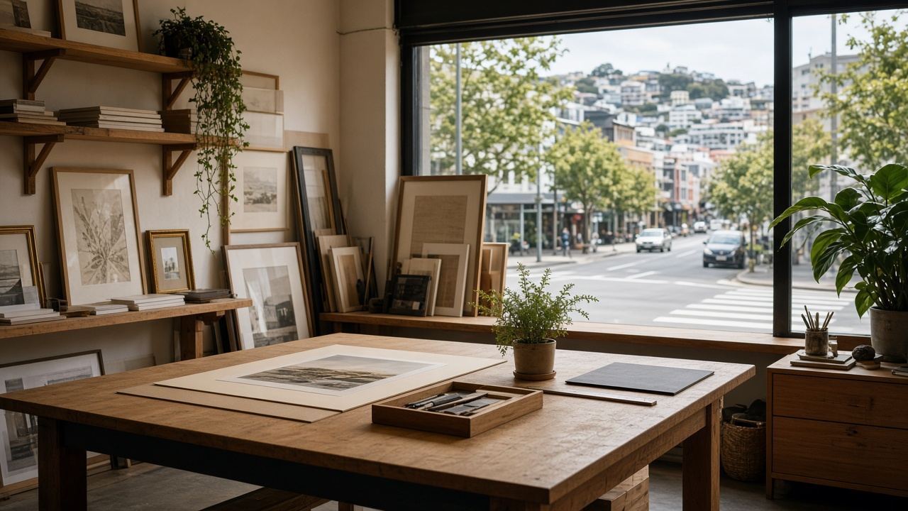 Framing shop workspace at Frames Cobalt Canyon